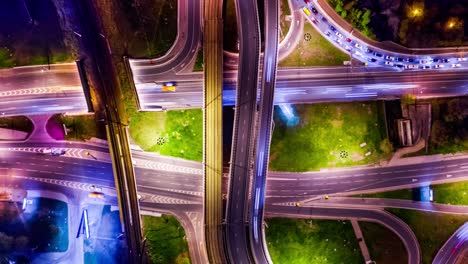 Night-Timelapse-Aerial-view-of-a-freeway-intersection-traffic-trails-in-night-Moscow